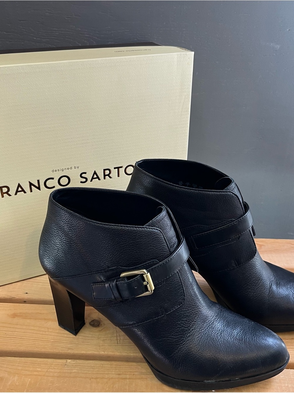 Franco Sarto Black Leather Ankle Booties with Gold Buckle